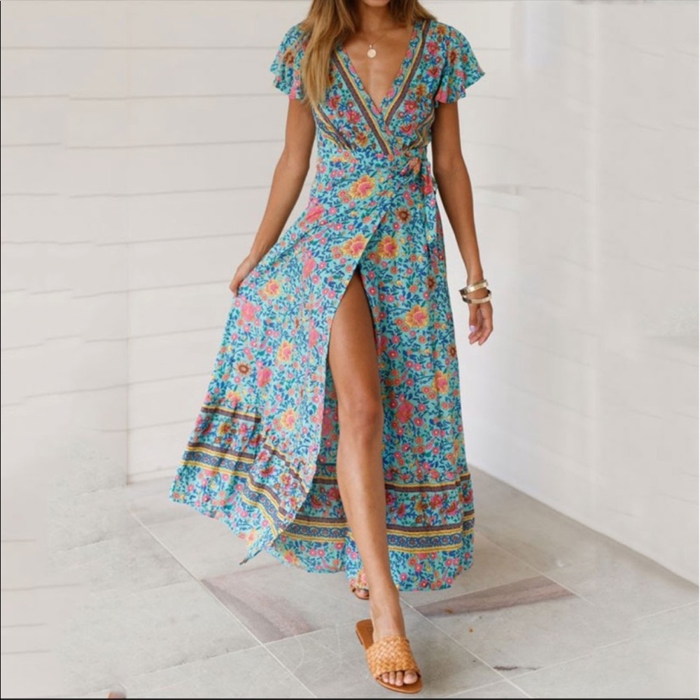 Bohemian Floral Tribal Print Maxi Wrap Dress Blue - Picture 1 of 2